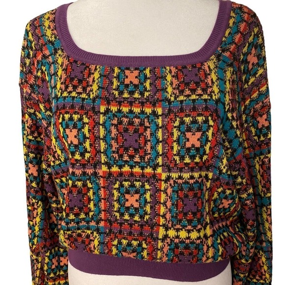Farm Rio Granny Square Multicolor Boat Neck Geometric Knitted Crochet Sweater S - Picture 8 of 14